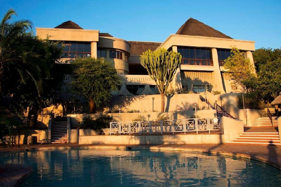 A classic lodge exterior in the Victoria Falls region.